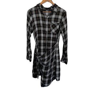 Sanctuary Womens Black Plaid Soft Faux Skirt Wrap Button Up Shirt Dress Small